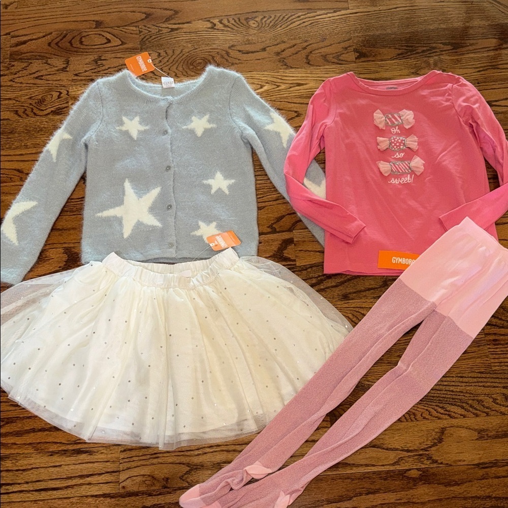 GYMBOREE long sleeved shirt, tights, sweater & tulle skirt size medium (7-8) NWT